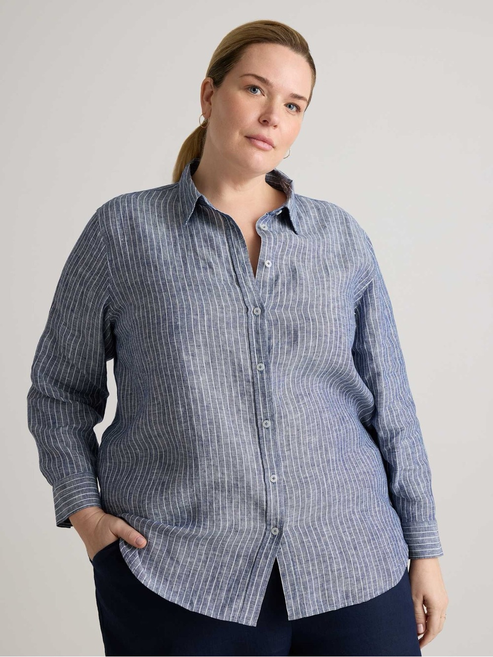 Quince 100% European Linen Blue and White Striped Button Down Shirt Size 1X
